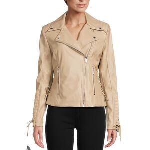 Guess faux leather biker jacket beige Size Medium Edgy lace up sleeve detail Y2K